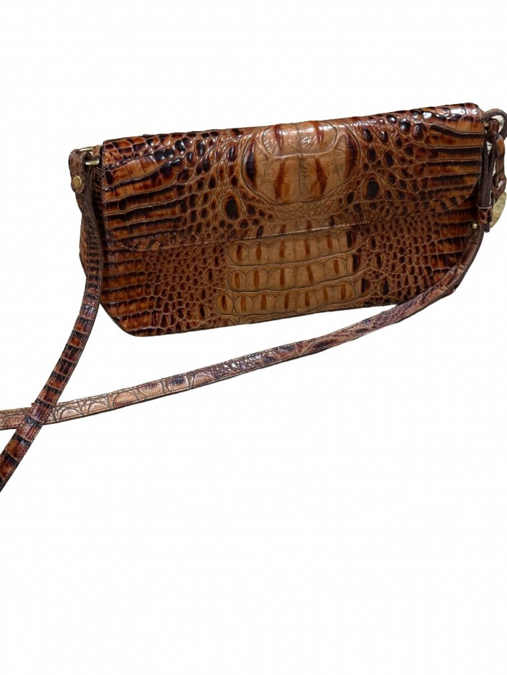 Vintage Brahmin Cognac Croc Embossed Leather Flap Shoulder Bag Fairhaven USA